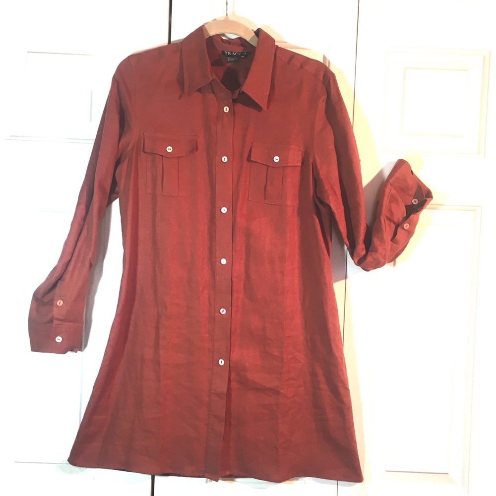 LINEN Shirt Dress, Tie back Tracy M Rust color XL
